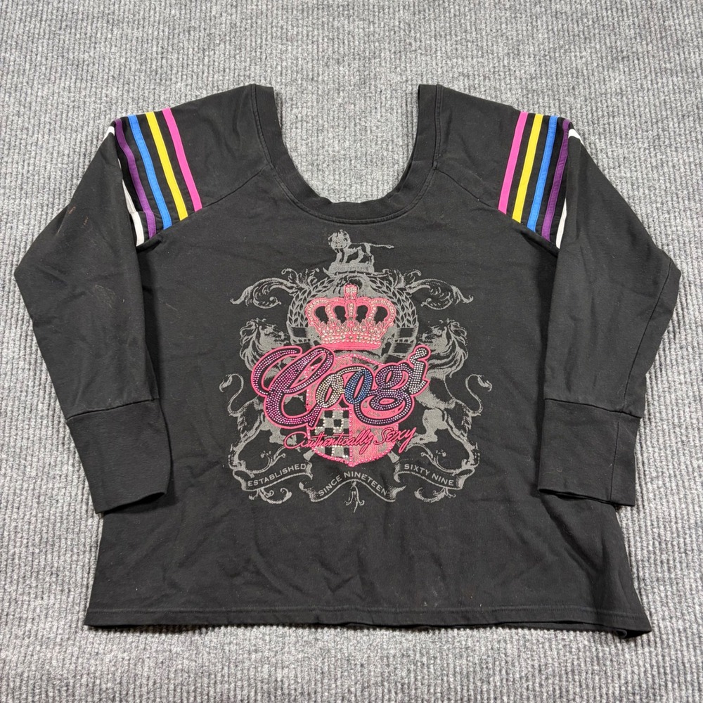 Coogi Shirt Womens 2X Black Graphic Scoop Neck Rainbow Stripe Long Sleeve